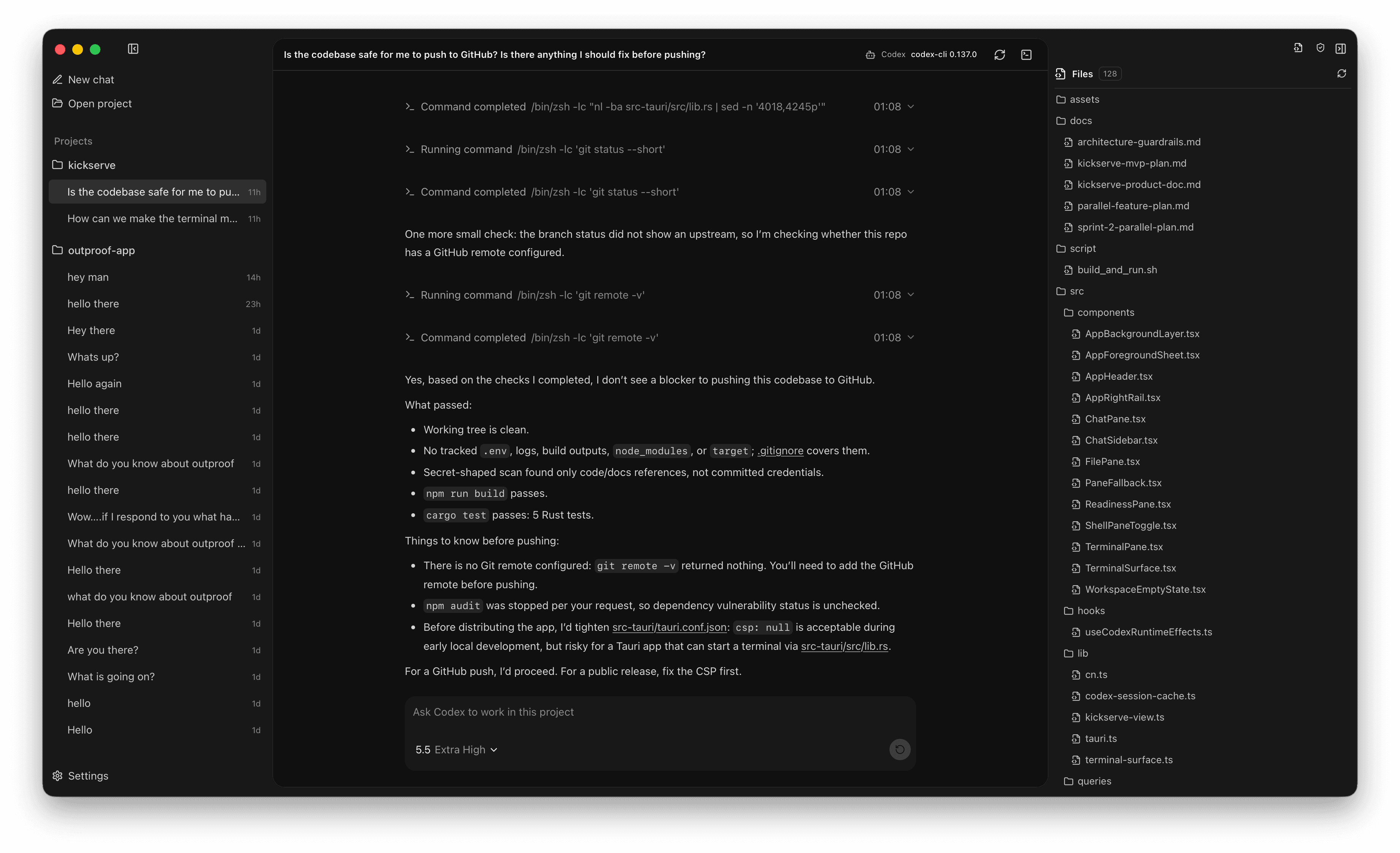 Kickserve desktop app interface showing a coding agent conversation and project file context.